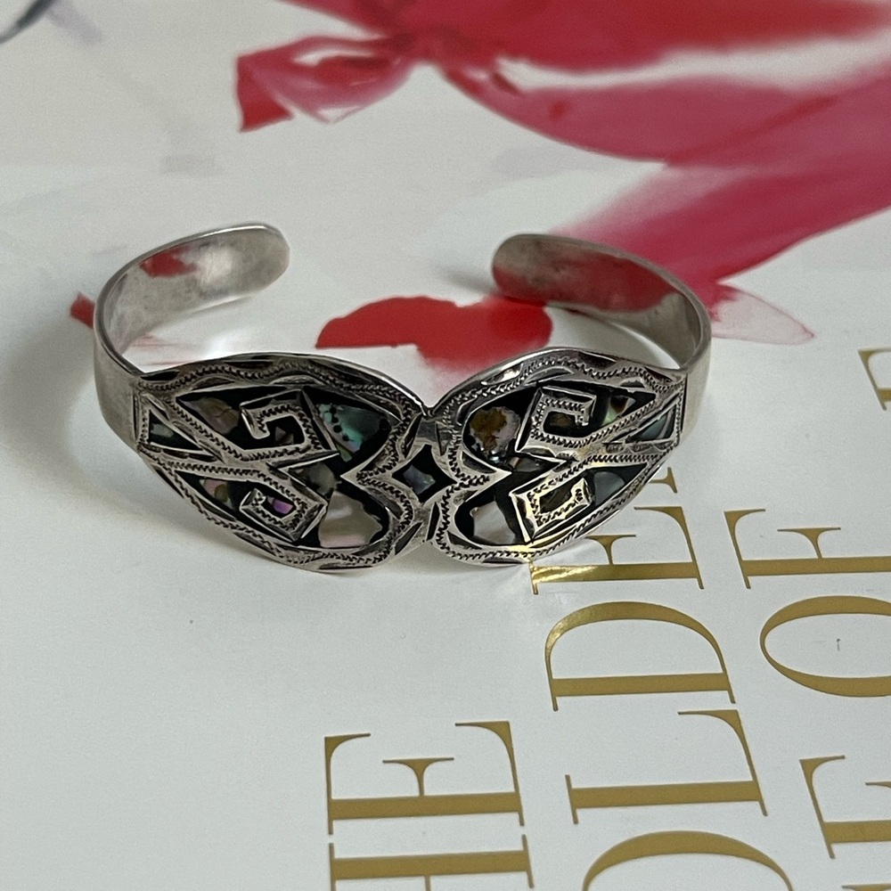 925 Sterling Abalone MOP Cuff Bracelet with Unique Pattern